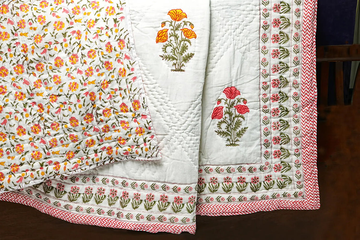 Gulmarg Quilt Set – Hand Block Printed 100% Cotton Reversible Quilt