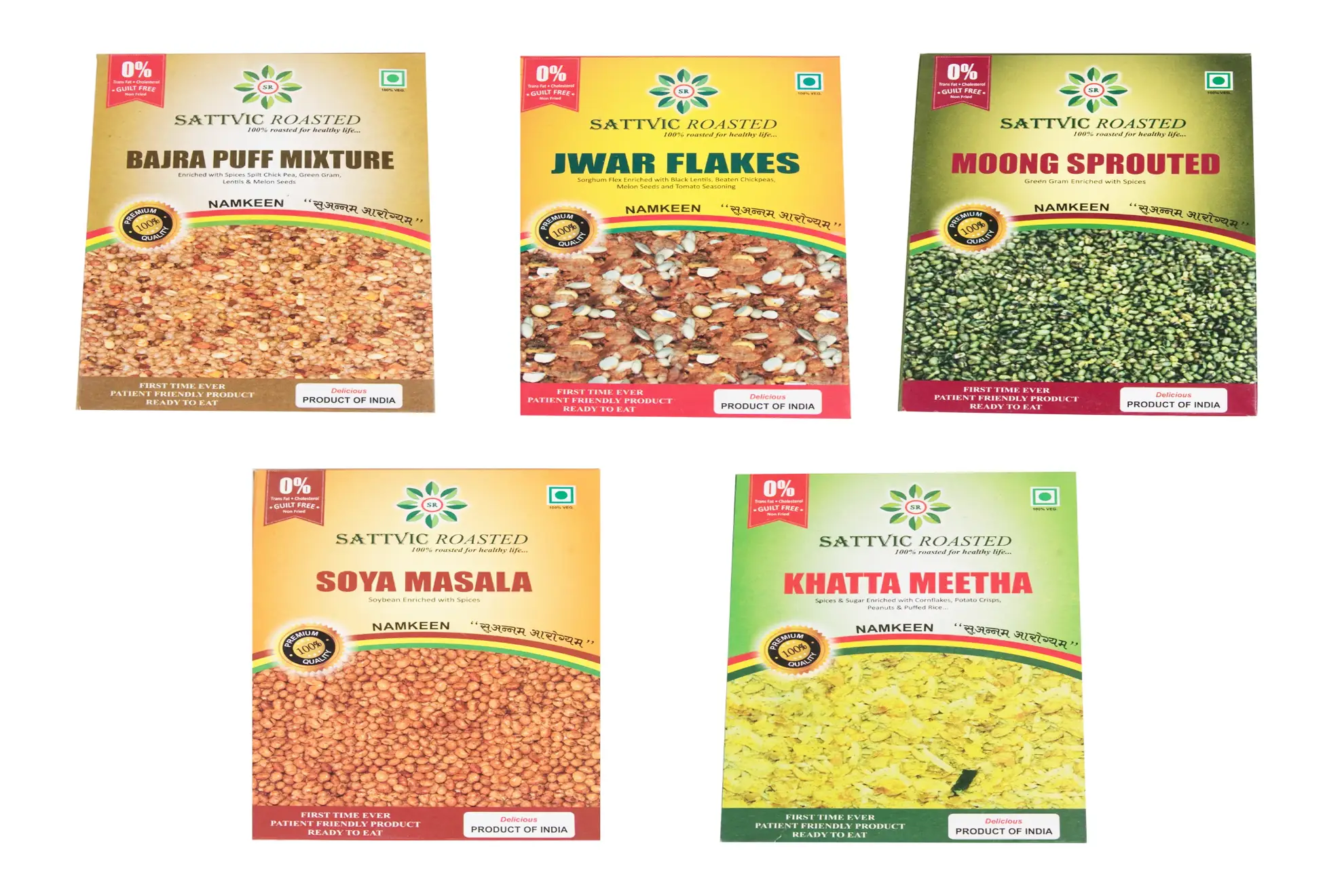 5 in 1 Pack  Contains Jwar flex, Bajra Puff, Soya Masala, Moong Sprouted &amp; Khatta Methha