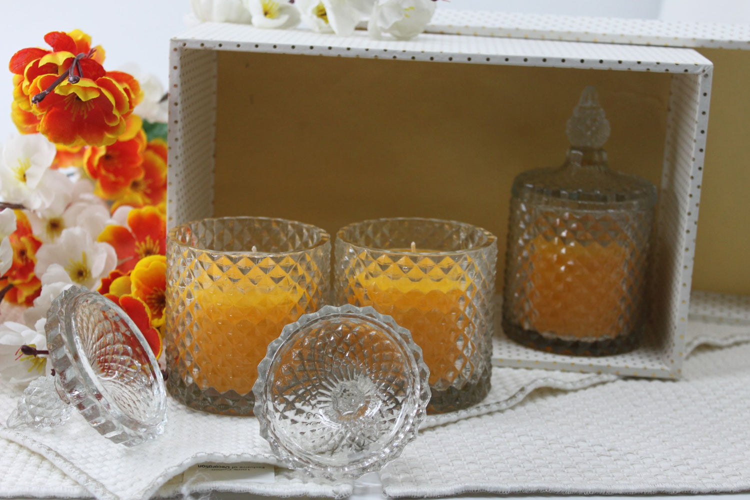 Crown Glass wax jar candle with glass lid -  pack of 3 - Orange