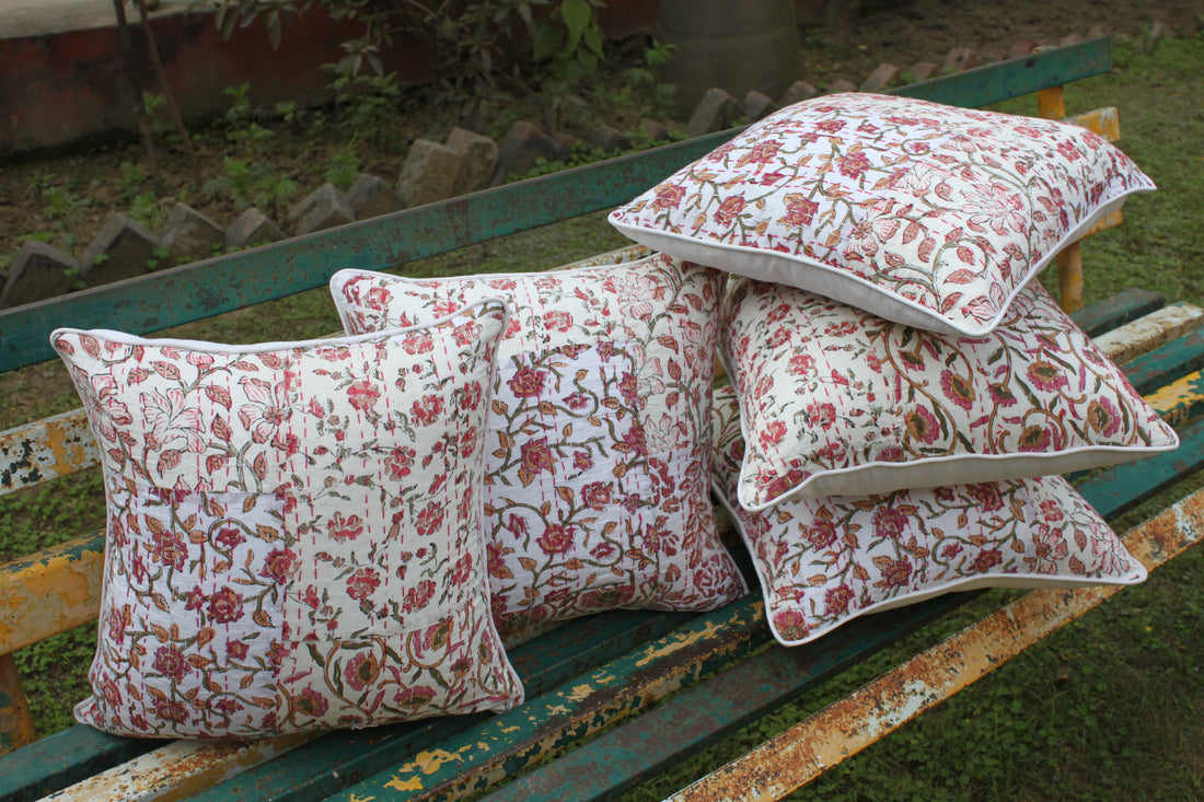 Mughal Garden Pink – Kantha Cushion Covers (Set Of 5)